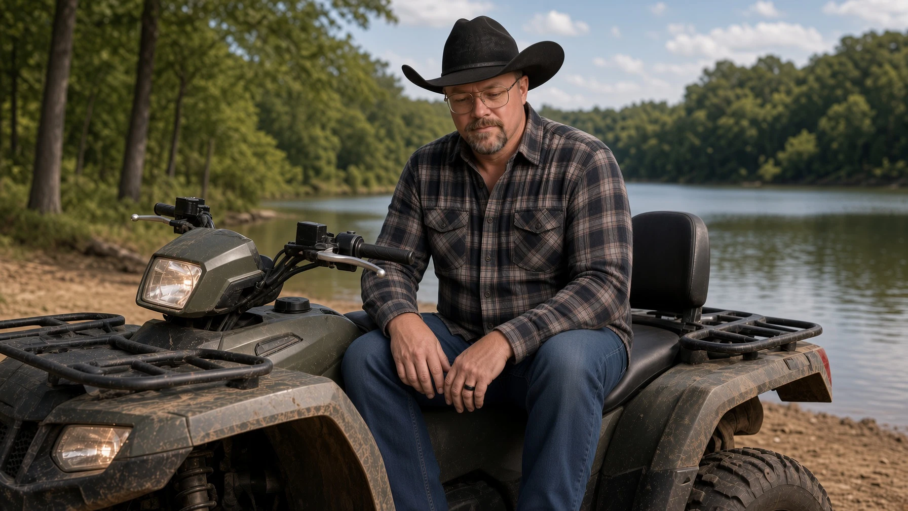 Chad Sanders on an ATV by an Alabama lake